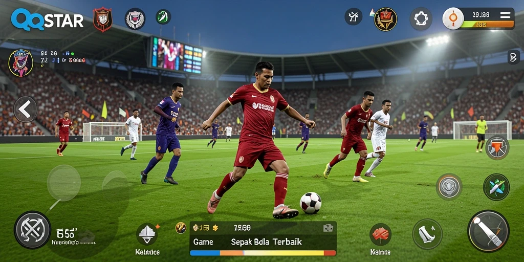 Tangkapan layar utama QQSTAR menampilkan aksi intens di lapangan sepak bola.