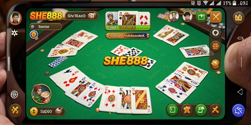 Screenshot gameplay SHE888 menunjukkan suasana permainan Gaple yang seru.