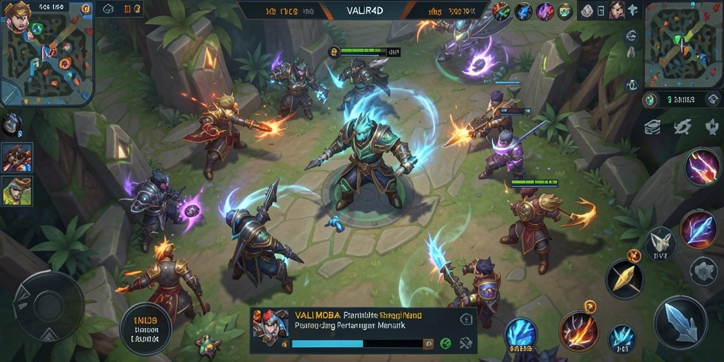 Screenshot utama VALIR4D menunjukkan pertarungan seru dalam game MOBA.