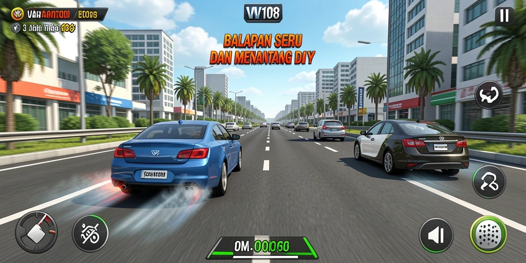 Tampilan gameplay menegangkan dalam balapan VW108.